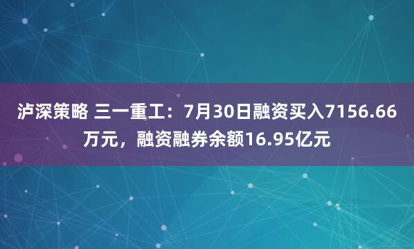 泸深策略 三一重工：7月30日融资买入7156.66万元，融资融券余额16.95亿元